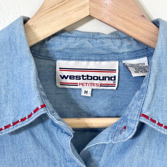 Vtg Christmas Stamps Denim Button Down Shirt Embroidered Holiday Festive Teacher - Picture 2 of 16